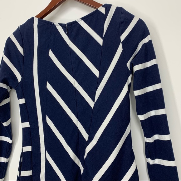 EShakti Asymmetrical White Striped Navy Cotton Spandex Flared Dress W/ Sleeves - Picture 9 of 16